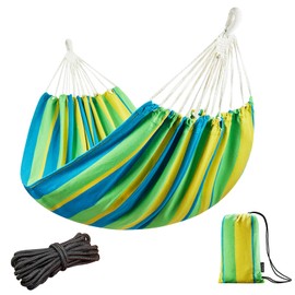 JoyView Brazilian Double Hammock with Hanging Ropes Extra Large 86.6x59” Portable Cotton Hammock for Patio Backyard Porch 450LBS Weight Capacity Perfect for Outdoor/Indoor - Light Green/Yellow Stripe