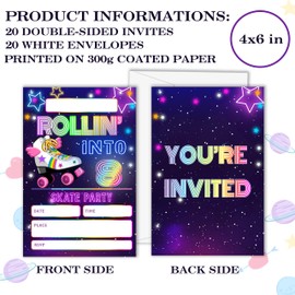 GOLRMC Roller Skate Birthday Invitations with Envelopes Set of 20, Retro Neon Roller Skating 8th Party Invites for Girls Kids & Boys, Party Favor & Decorations-A05