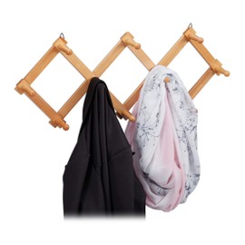 Relaxdays Wooden Wall Coat Rack, Extendable Coat Rack, 10 Coat Hooks, Sturdy, Scissor Wardrobe, Foldable, Natural, Pack of 1