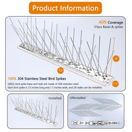 QIEGL Bird Spikes 304 Stainless Steel for Coverage 40Ft Pigeons Anti Bird Spike Small Birds Sparrow 37pcs Metal Fence Spikes (37 Pack Uninstalled)