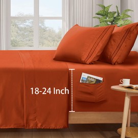 SiinvdaBZX Extra Deep Pocket Queen Sheets Set - Fits Mattress Up to 24 Inches Thick - 4 Piece Burnt Orange Deep Pocket Sheets for Air Mattress - Soft 1800 Thread Count Fitted Sheet with Side Pocket