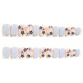 Denim Flowers Glossy Extra Short Square Press-On Nails - 24 Pieces - Artificial Nail Kit
