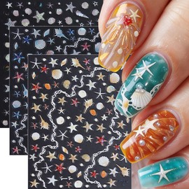 Colorful Nail Art Stickers 3D Self-Adhesive Nail Decals Cute Starfish Shell Stickers for Nails Designs Glitter Ocean Nail Stickers Summer Nail Decoration for Women Nails Art Supplies 3 Sheets