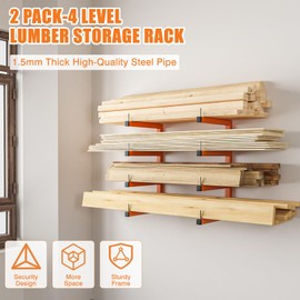 2-Pack Lumber Storage Rack, Wood Storage Racks Wall Mount, Heavy Duty Garage Wood Organizer with 4-Level System, Orange Utility Rack Organization Up 800 Lbs, Metal Lumber Shelf for Indoor & Outdoor