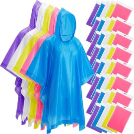 Zhehao 40 Pcs Rain Ponchos for Adult Homeles Bulk Reusable Raincoat with Drawstring Waterproof Plastic Raincoat for Men Women(White, Pink, Yellow, Purple, Blue)