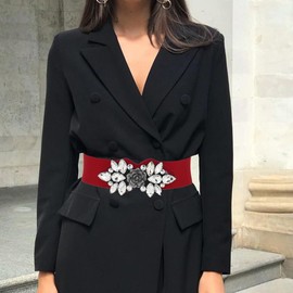 Wriidy Rhinestone Stretch Belt Wide Dressy Belt Women Elastic Crystal Belts Stylish Dress Waist Accessories for Girls (Red, Medium)