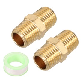 sourcing map 2pcs Hex Nipple Brass Pipe Fitting, 1/4 NPT Male x 1/4 NPT Male Threaded Pipe Adapter Pipe Connector with PTFE Tape, Gold Tone