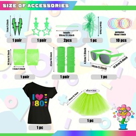 80s Outfit Women's Costume Women's 80s Clothing Women's Set, Costume Accessory Set with T-Shirt Tutu Headband Earring Necklace for Theme Party, Carnival (Green Set, XL)