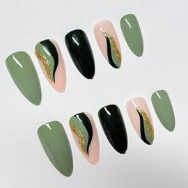 24 Pcs Almond Press on Nails Medium Green Fake Nails with Golden Glitter Film Design False Nails Like Leaves Shape Reusable Artificial Glossy Acrylic Full Cover Stick on Nails for Women Grils DIY