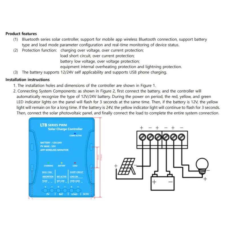 JAVERGGN 20V PWM Solar Charge Controller with Bluetooth Mobile APP