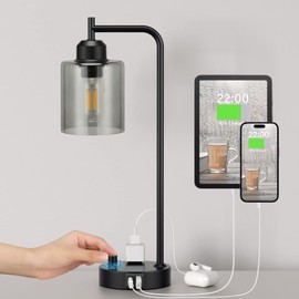 Industrial Bedside Desk Lamps for Bedroom - Grey Smoked Glass Shade Table Lamp with USB C Port, Fully Dimmable Small Lamps with USB Port and Outlet, Reading Nightstand Lamps for Office Living Room