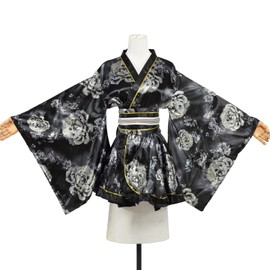 Women's Japanese Kimono Costume Traditional Geisha Short Robe Anime Printed Bathrobe Sleepwear (US, Alpha, One Size, Regular, Regular, Black and grey and white)