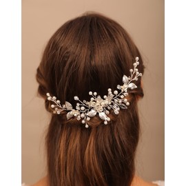Teyglen Peineta Nupcial Para El Cabello De Boda, Peineta Lateral De Cristal Con Diamantes De Imitación Y Hojas De Flores Doradas, Accesorios Para El Cabello De Novia Para Mujeres Y Niñas Plata