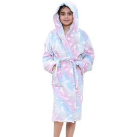 A2Z 4 Kids Girls Fleece Luxury Sherpa Hooded Dressing Gown Unicorns Print - Robe 132 Unicorn Rainbow._11-12