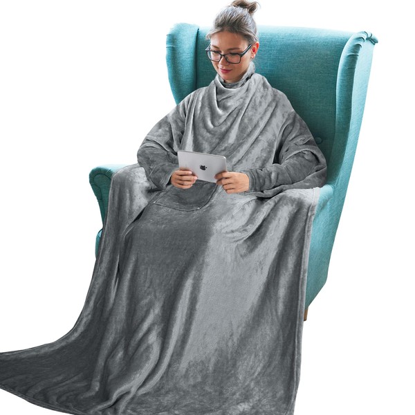 Tirrinia Wearable Fleece Blanket with Sleeves for Adult Women Men, Super Soft Comfy Plush Functional TV Blanket Wrap Cover for Bed Sofa Couch 73" x 51''