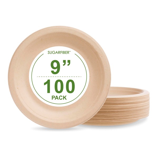 [100 COUNT]Sugarfiber by Harvest Pack 9-inch Round Disposable Compostable Paper Plates, Heavy-Duty Natural Bagasse Biodegradable Plate, Made From Eco-Friendly Sugarcane Plant Fibers