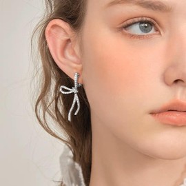 HAISWET Zircon Bow Elegant Clip on Earrings for Women Non-pierced Drop Clip Earrings Silver Tone