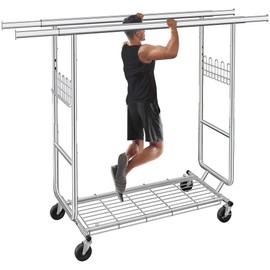 Gewudraw Heavy Duty Clothes Rack Load 620 Lbs, Double Rod Rolling Clothing Rack With Sturdy Wheel And Shelves，Adjustable Portable Hanging Rack For Clothes,Silver Stainless Steel
