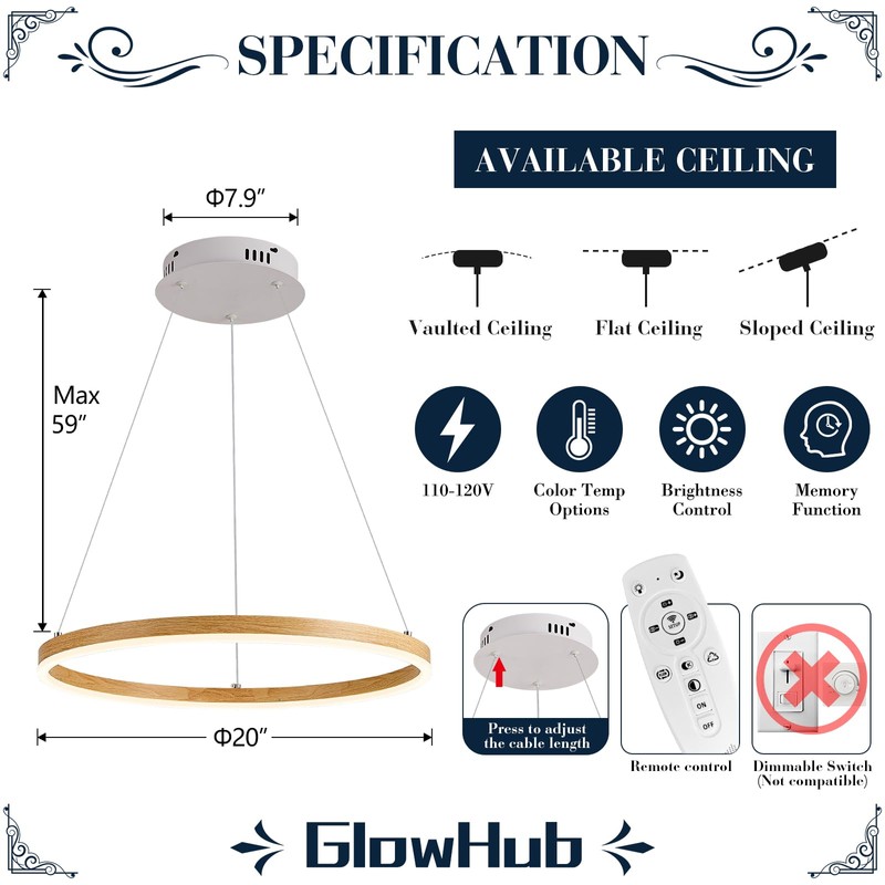 Ring Chandelier LED Wood Grain Round Chandeliers Modern Farmhouse Pendant