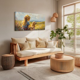 SERIMINO Portrait Landscape Wall Art, Lady and Dog Large Wall Decor, Animal Golden Retriever Cute Canvas Prints, Meadow Wildflowers Rustic House Decorations Living Room Bedroom Bathroom 20"X40"