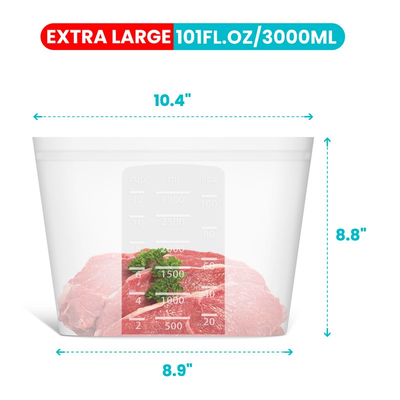 Extra Large Reusable Silicone Food Storage Bags 4 Pack, 0.8