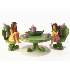 GlitZGlam Miniature Fairy Garden Furniture Set: Leaf Bistro Set with Tea Set for Fairies and Garden Gnomes