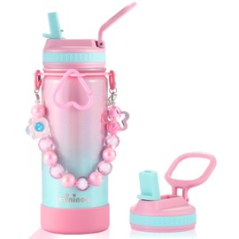 Mininoo Kids Water Bottle for School - 16 oz Stainless Steel Insulated Water Bottle with Ceramic-Lined, Leakproof Straw Lid & Beaded Handle for Girls & Boys