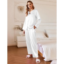 Ekouaer Silk Satin Pajamas Set Women's 2 Piece Pjs Long Pant Fall Soft Sleepwear Button Up Loungewear with Pockets White
