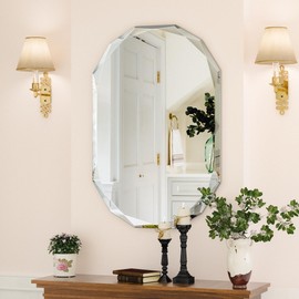 Suidia Bathroom Mirror, 20" x 30" Oval Wall Mirror, Frameless Bathroom Mirror with Diamond Edge Irregular Beveled Edge Mirror for Bedroom, Living Room, Entryway, Hallway, Horizontal/Vertical