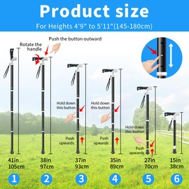 Adjustable Foldable Walking Cane, Hiking Sticks Canes Walking Sticks for Seniors,Telescopic Walking Canes with Anti-Slip Grip, Lightweight Trekking Cane for Hiking, Climbing