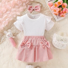 OCMKIC-PZ Baby Girl Summer Clothes Solid Ruffle Sleeve Top＋Bow Mini Shorts＋Bow Headband 3PCS Outfits Set(12-18M)