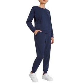 Weintee Women's Petite Jogging Set Pullover Sweatshirt and Sweatpants 2 Piece Sweatsuits L Navy