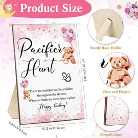 Roowest 51 Pcs Pacifier Hunt Baby Shower Game, Include Wooden Pacifier Hunt Sign Bear Themed Baby Shower Sign Board with 50 Acrylic Baby Pacifiers for Baby Shower Game, Gender Reveal Party (Pink)