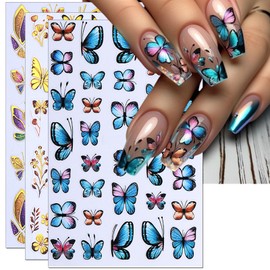 IDDFEVE 6 Sheets Glitter Butterflies Nail Art Stickers - Gold Blue Butterflies Wing Self-Adhesive Nail Decal for DIY Spring Summer Flower Manicure