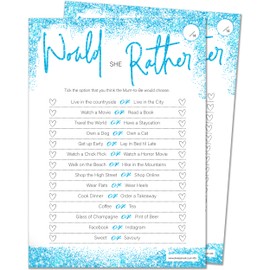 Olivia Samuel 20 x Would She Rather Baby Shower Game from Boys Blue Glitter Effect Design (20 Guest Cards + 1 Card of Answers for The Host + Winner's Certificate)