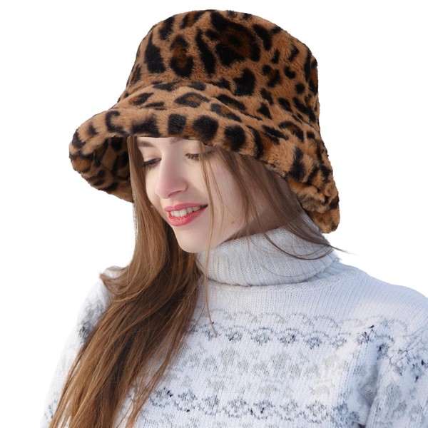 JUPSK Winter Warm Furry Bucket Hat, Faux Fur Hat Women's
