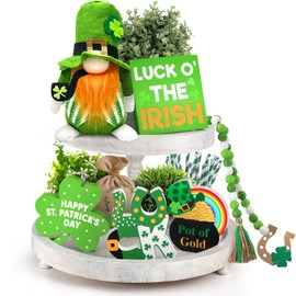 SURCVIO 6 Pack St Patricks Day Tiered Tray Decorations Gnomes Plush 4 Wooden Signs & Bead Garland Bundle Farmhouse Rustic Cute Irish Shamrock Happy St Patricks Day Decoration for Table Decor