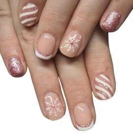 Christmas Press on Nails Short Square White French Tip Fake Nails with Snowflake Glitter Lines Design Glue on Nails Nude Full Cover False Nails Glossy Christmas Nails Press ons for Girls 24Pcs