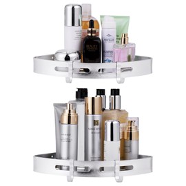 Estante Baño Sin Taladro, ODAR 2 Piezas Estanteria Ducha para Baño, Estantería de Esquina para Baño Pared Rinconera Ducha Aluminio Estante Baño, con 4 Ganchos (Plata)