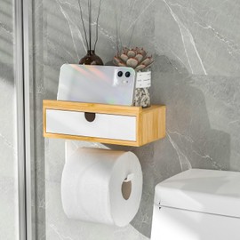 Domax Bamboo Wood Toilet Paper Holder with Shelf - Wall Mount/Adhesive Bathroom Toilet Paper Holder with Storage Drawer for Organizer Tampon or Small Items Tissue Toilet Paper Roll Holder, Small