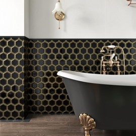 Skyblur 10-Sheet Hexagon Peel and Stick Backsplash Tile for Bathroom, 12"x12" Stick on Backsplash for Kitchen, Black and Gold 3D Self Adhesive Honeycomb Wall Tiles, Subway Tile Peel and Stick Vinyl