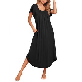 Ekouaer Women's Nightgowns Long Sleepshirt Short Flare Sleeve Sleepwear Soft Night Shirts with Pockets Black 2XL