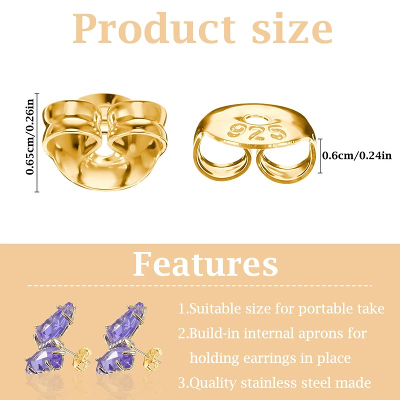 Aiyorse 200Pcs Earring Backs, 925 Sterling Gold Earring Backs, Butterfly