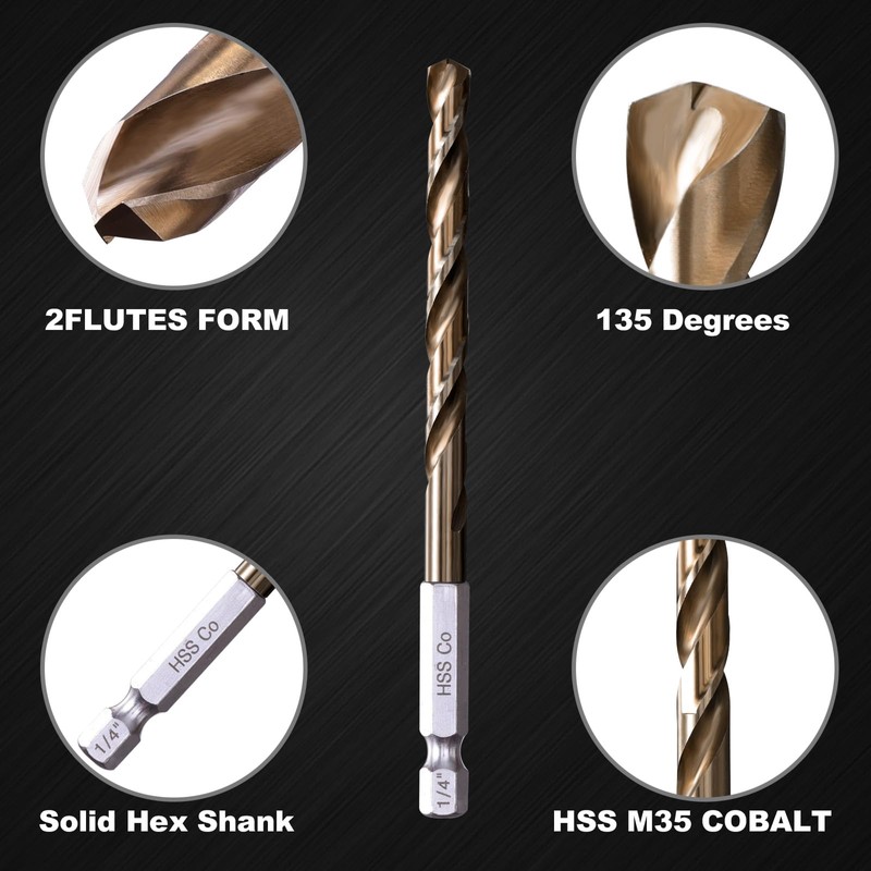 Sinyeenglon Hex Shank Cobalt Drill Bit Set 16Pcs 1/16"-1/4", M35