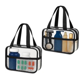 XEWEA 2PCS Small TSA Approved Clear Travel Toiletry Bags for Men Women,Transparent Makeup Cosmetic Bag with Handle,Waterproof PVC Quart Organizer Storage Pouch for Toiletries Airline Essential, Balck