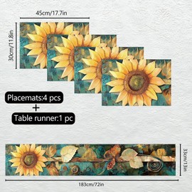 Elegant Sunflower Table Runner and Placemat Set – 5-Piece Rustic Dining Table Decor with 1 Table Runner & 4 Placemats – Bright Yellow Floral Design for Everyday or Seasonal Use