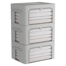 CYhom 3Pack Frame Storage Box - Clothes Storage Bin Bags Oxford Fabric Foldable Stackable Container Organizer Set with Clear Window & Carry Handles (Grey, Medium-44L)