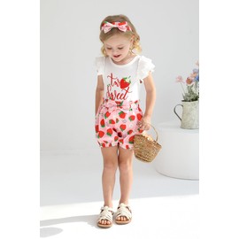 Happy Town Toddler Baby Girl Two Sweet 2nd Birthday Outfits Shorts Set Bowknot 2T Shirts Summer Clothes with Headband (2-3T,Strawberry Two Sweet)