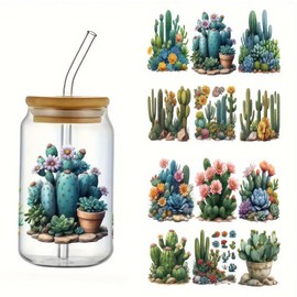 4pcs Watercolor Cactus UV DTF Cup Wraps Winter UV DTF Transfer Waterproof Sticker for Glass Cups Furniture Craft DIY Crafts，Rub on Transfer Stickers for DIY Water Bottle Laptop Decal Wood Car