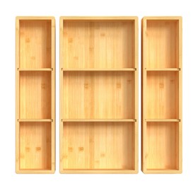 Bamboo Drawer Organizer 12.5'' X 12.5'' X 2'', Adjustable 3 Individual Junk Drawer organizer for Bathroom and Kitchen, Wood Drawer Tea Organier Boxes for Silverware, Make up and Tea Bag